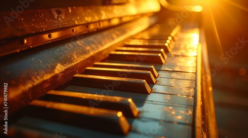 Close-up of piano keys, highlighting the texture, shadows, and details of the individual keys