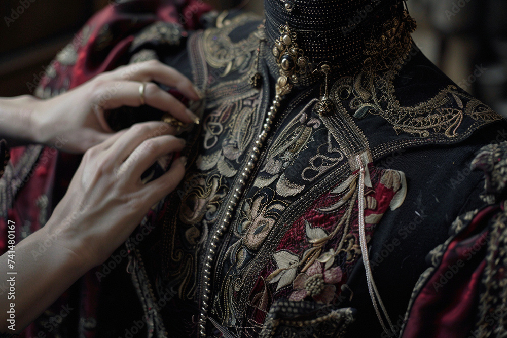 intricate details of a garment being fitted on a mannequin, photo