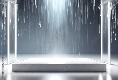 sparkling rain and pearly white podium, empty showcase for packaging product presentation