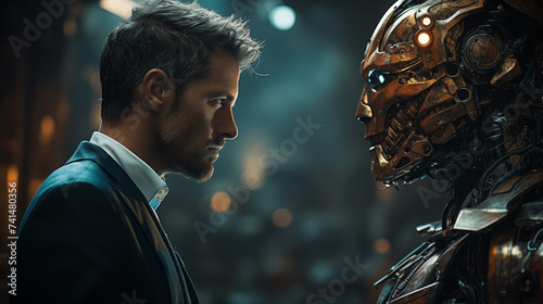 Man and AI robot in close profile view, depicting a powerful moment of human-machine connection © Roman Ribaliov
