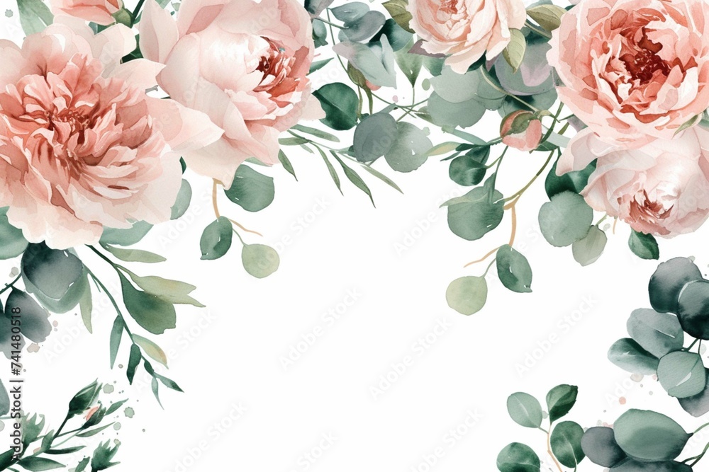 Watercolor light pink flowers and eucalyptus greenery PNG. Wedding clipart. Dusty roses, soft blush peony - border, wreath, frame, bouquet. Perfect for stationary, greeting card, fashion