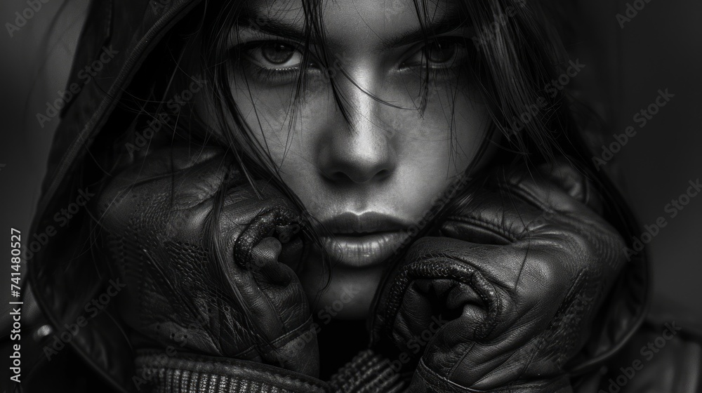 monochrome close-up portrait of a young girl, with a leather jacket and gloves