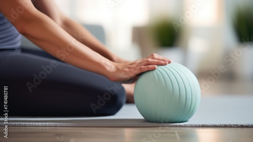 A woman sitting on a yoga mat with a ball. Suitable for fitness or exercise concepts photo