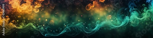 Abstract colorful colorful illustration of colored smoke on dark blurred bokeh background for social media banner, web site and for your design, space for text. photo