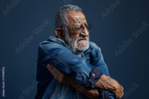 Adult in pain and holding the affected area - conceptual image of discomfort and physical stress on a neutral gray background
