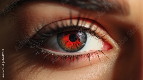 Close up of a person's eye with a red eye. Suitable for medical or horror themes photo