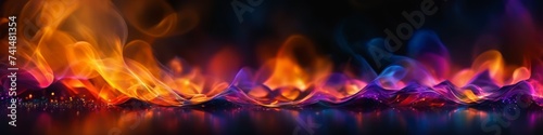 Abstract colorful illustration of bright smoke waves on dark blurry bokeh background for social media banner, web site and for your design, space for text. © La_Valentina