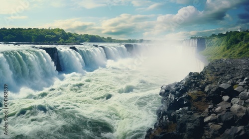 A stunning view of a waterfall from the side of a cliff. Ideal for nature and travel concepts