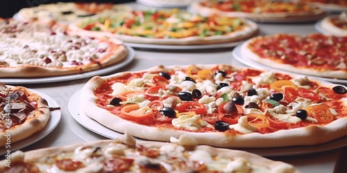 Various types of pizza on a table, perfect for food-related projects