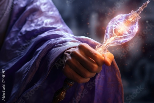 A person dressed in a purple robe holding a wand. Suitable for mystical and magical themes photo