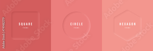 Set of shadow frames in red shades. Square, round and hexagonal frame for text, photo.