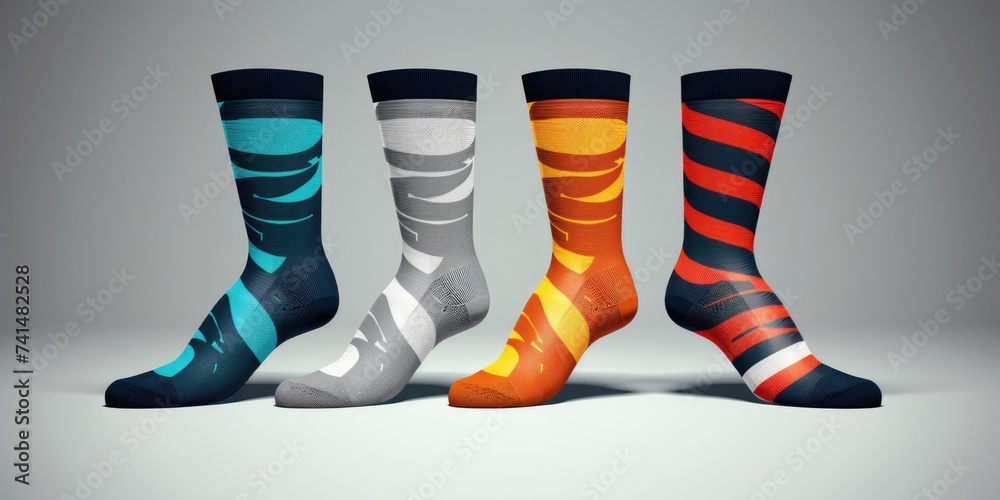Three pairs of colorful socks neatly arranged next to each other. Perfect for fashion or laundry concepts Three pairs of colorful socks neatly arranged next to each other. Perfect for fashion or laundry concepts