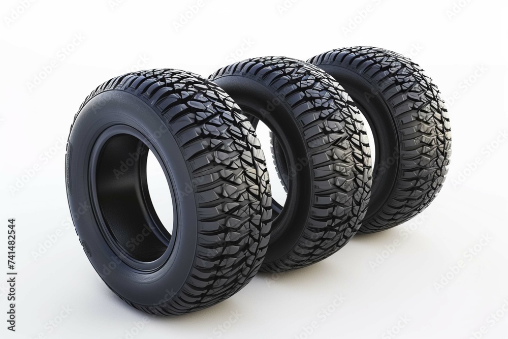 Winter tires rolling forward isolated on white background. Set of four wheel for use in snow and on ice with copy space. Deep pattern in rubber for transportation