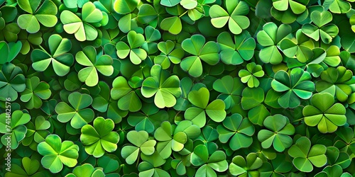 St Patrick's Day themed background with green four-leaf clovers. Concept St Patrick's Day, Green Four-Leaf Clovers, Festive Background, Lucky Charm, Irish Celebration photo