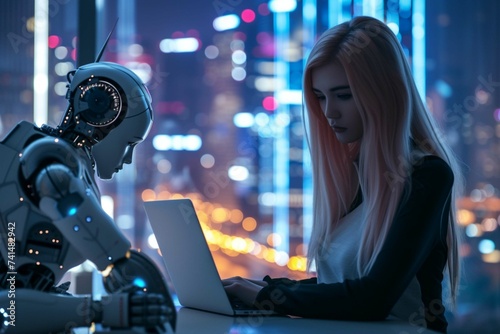 Woman with laptop and AI robot