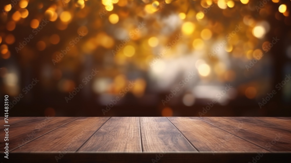 A wooden table with blurred lights in the background. Suitable for various concepts