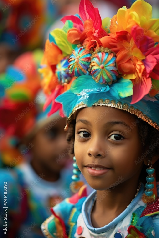 Young girl wearing a colorful headdress in a parade. Perfect for cultural events and celebrations Young girl wearing a colorful headdress in a parade. Perfect for cultural events and celebrations