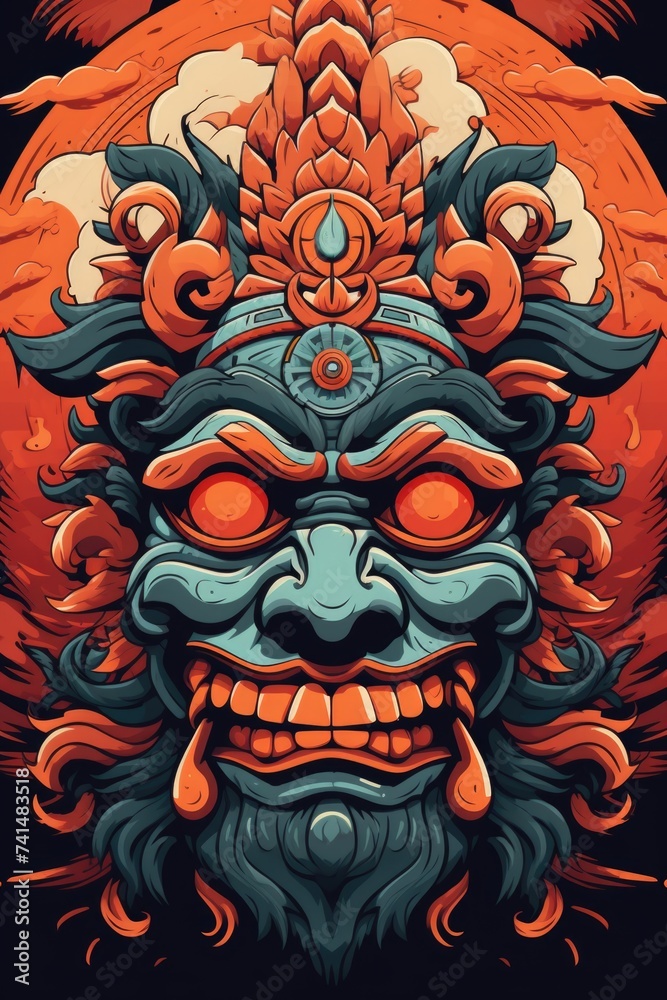 Illustration of a colorful demon with a sun in the background. Suitable for fantasy and mythology themes