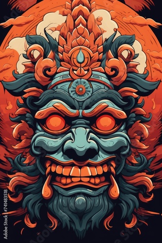 Illustration of a colorful demon with a sun in the background. Suitable for fantasy and mythology themes