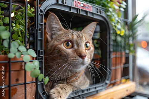 Tabby Cat Observing from Carrier Door