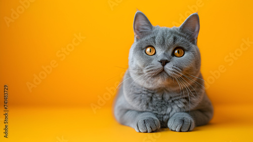 Portrait of a British shorthair cat on a yellow background, generative ai