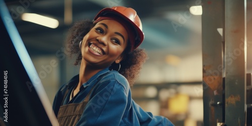 A woman wearing a hard hat and overalls. Suitable for construction or industrial concepts photo