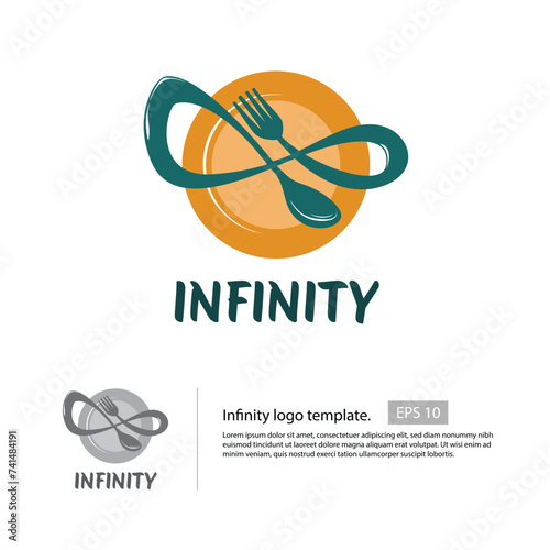 Infinity logo template with spoon and fork that connected by infinity shape, and with a plate for the background for your restaurant logo.