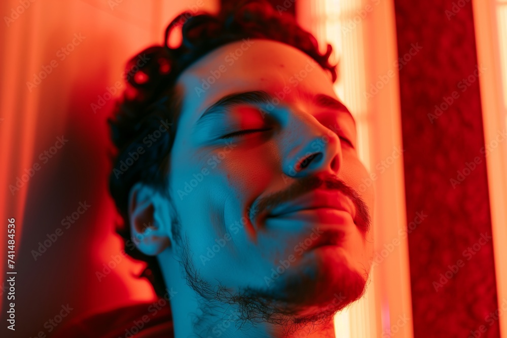 portrait of a relaxed man with closed eyes enjoying infrared heat