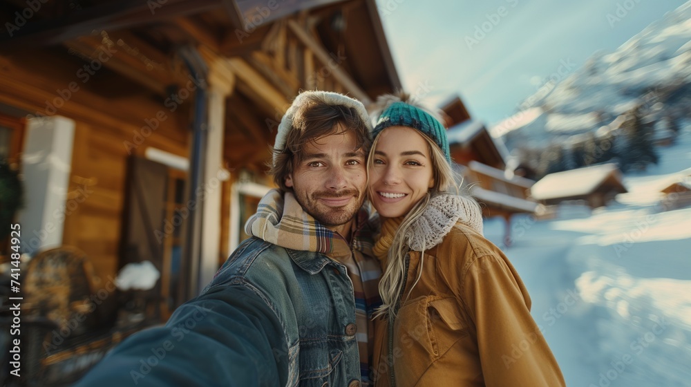 Selfie of a straight Caucasian couple on vacation with the Airbnb apartment in the background Selfie of a straight Caucasian couple on vacation with the Airbnb apartment in the background
