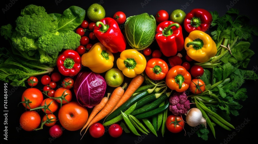 Top view of a set of colorful variety of fresh vegetables and herbs on a black background. Broccoli, Cabbage, Carrots, Peas, Peppers, Tomatoes, Garlic. Vegetarian, Vegan, Healthy Food. Top view of a set of colorful variety of fresh vegetables and herbs on a black background. Broccoli, Cabbage, Carrots, Peas, Peppers, Tomatoes, Garlic. Vegetarian, Vegan, Healthy Food.
