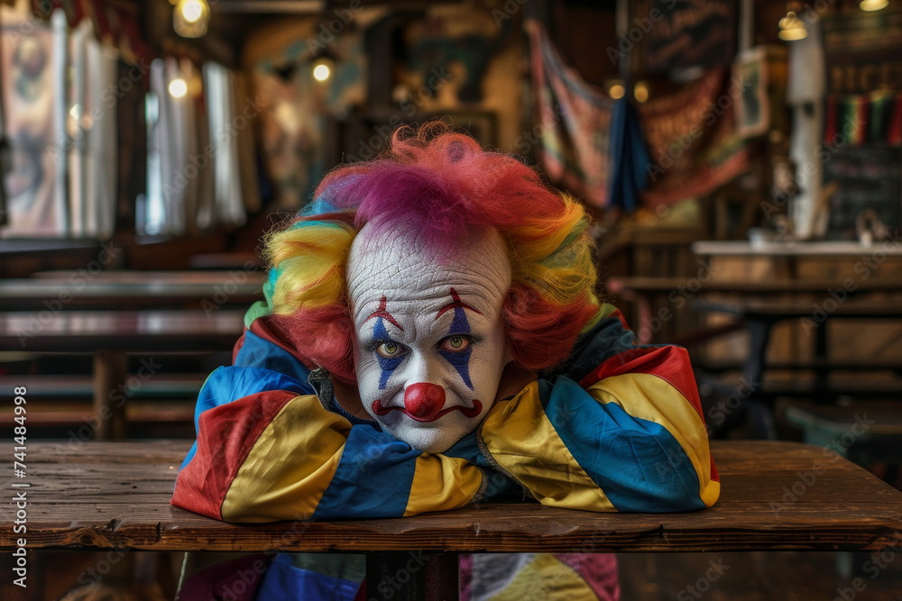 Portrait of clown looking sad, close-up of head. Clown resting chin on fist, portrait. Portrait of a clown with a sad and thoughtful face on a blurred background of a city street. Portrait of clown looking sad, close-up of head. Clown resting chin on fist, portrait. Portrait of a clown with a sad and thoughtful face on a blurred background of a city street.