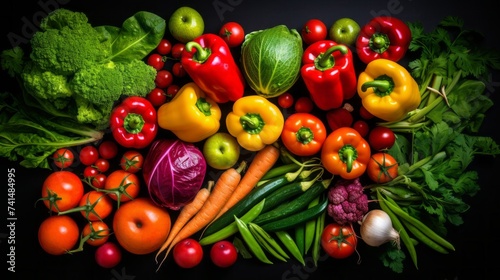 Top view of a set of colorful variety of fresh vegetables and herbs on a black background. Broccoli  Cabbage  Carrots  Peas  Peppers  Tomatoes  Garlic. Vegetarian  Vegan  Healthy Food.