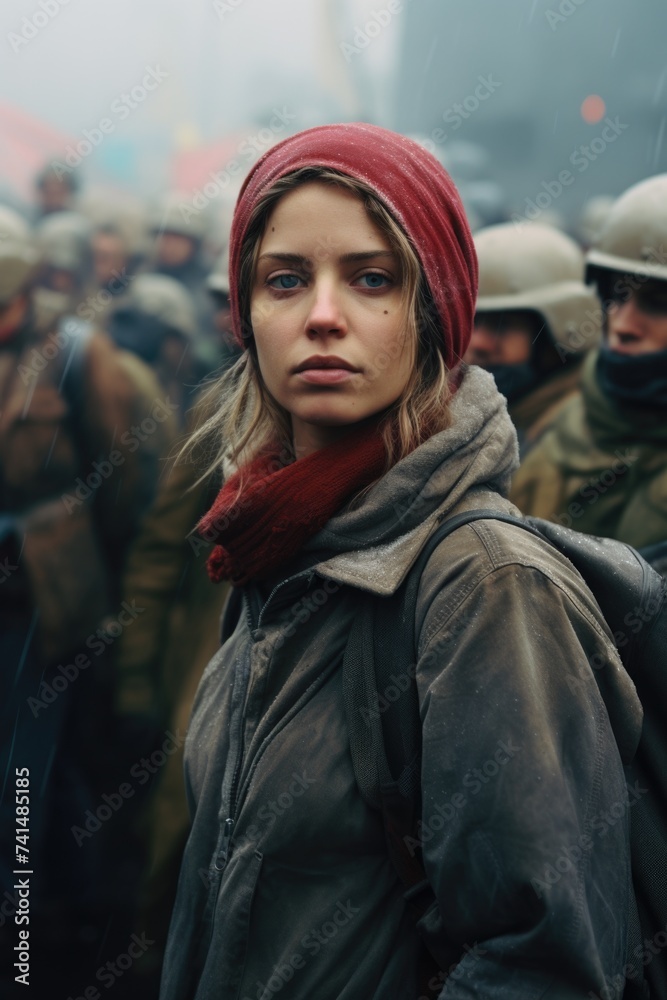 A powerful image of a woman facing a group of soldiers. Ideal for military, protest, or courage concepts A powerful image of a woman facing a group of soldiers. Ideal for military, protest, or courage concepts