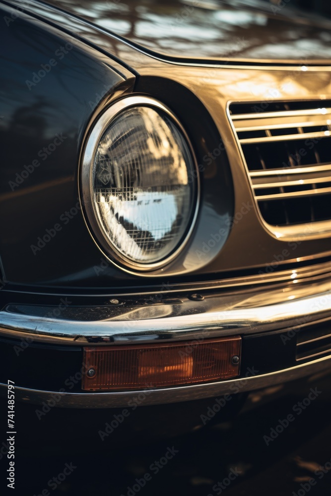 Close up of a car's headlight with a blurry background. Suitable for automotive industry promotions