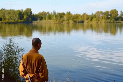 monk at the edge of a lake in serene posture, facing the water