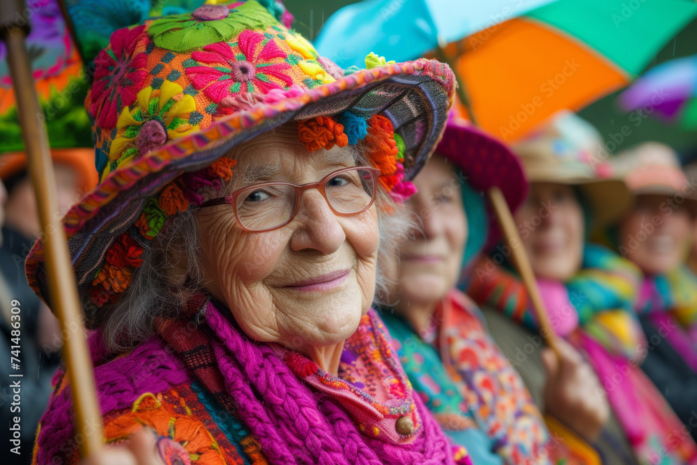 Joyful Elderly Ladies at a Colorful Parade. A senior woman with a vibrant hat smiling at a festive parade.