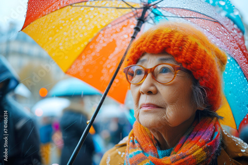 Joyful Elderly Ladies at a Colorful Parade. A senior woman with a vibrant hat smiling at a festive parade.