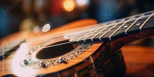 A close up shot of a guitar on a table. Suitable for music and instrument related projects photo