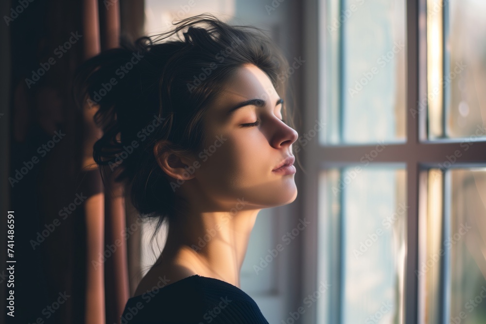 profile of woman near window, morning light, meditative profile of woman near window, morning light, meditative