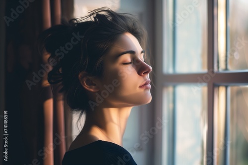 profile of woman near window, morning light, meditative