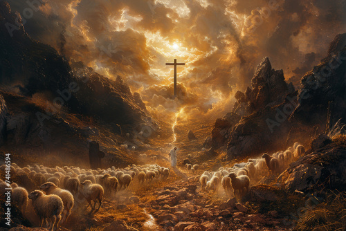 The Holy Cross and Mount Golgotha symbolize the death and resurrection of the Lord Jesus Christ leading the lost lambs. The sky is filled with the light of grace.