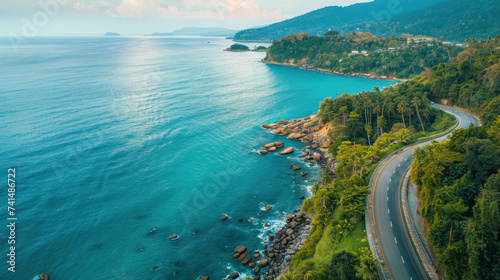 Aerial view of curve road along the seashore at Phuket Thailand beautiful seacoast and open sea in summer season Nature recovered Environment and Travel background. © Santy Hong