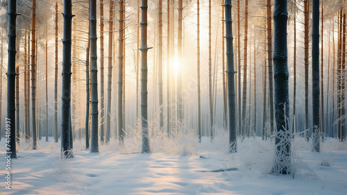 winter landscape in the forest, the rays of the morning sun at sunrise in the frosty fog between the trees