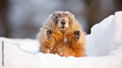 groundhog runs through the winter snow, dynamic pose fluffy rodent falling snow February calendar © kichigin19