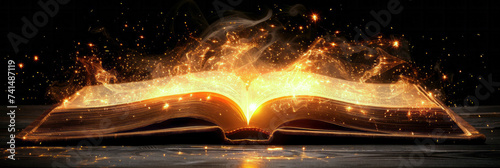Enchanted Storybook with Golden Magic. Open book radiating magical golden sparkles on a dark backdrop, evoking mystique.