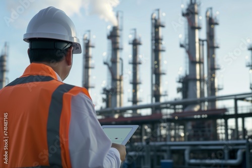 engineer holding tablet with refinery towers in background