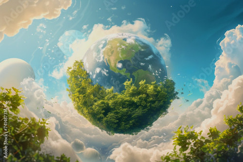 Fantasy Earth in a Lush Wildlife Haven. An illustrated Earth teeming with greenery and fauna, enveloped by a vibrant, life-affirming habitat. © CreativeArt