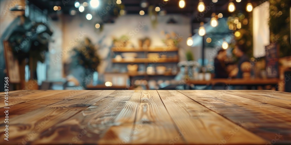 Wooden table stands at forefront of blurred cafe interior embodying perfect of functionality and aesthetic allure smooth polished surface bathed in soft light invites array of products Wooden table stands at forefront of blurred cafe interior embodying perfect of functionality and aesthetic allure smooth polished surface bathed in soft light invites array of products