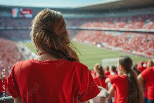 Fans in the panorama of the game at the stadium. A woman fan in a red T-shirt stands with her back watching a football match