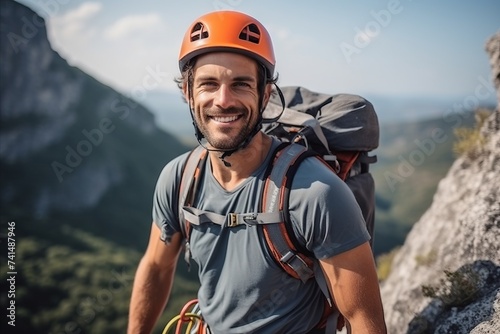 Portrait of a happy male climber in helmet on top of the mountain
